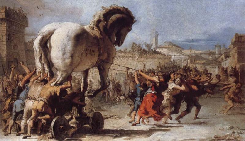 TIEPOLO, Giovanni Domenico The Building of the Trojan Horse The Procession of the Trojan Horse into Troy Spain oil painting art